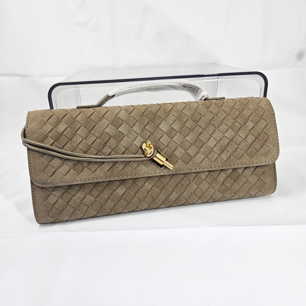 Woven Clutch Handbag Taupe Faux Leather Top Handle Knot Detail Evening Purse NEW